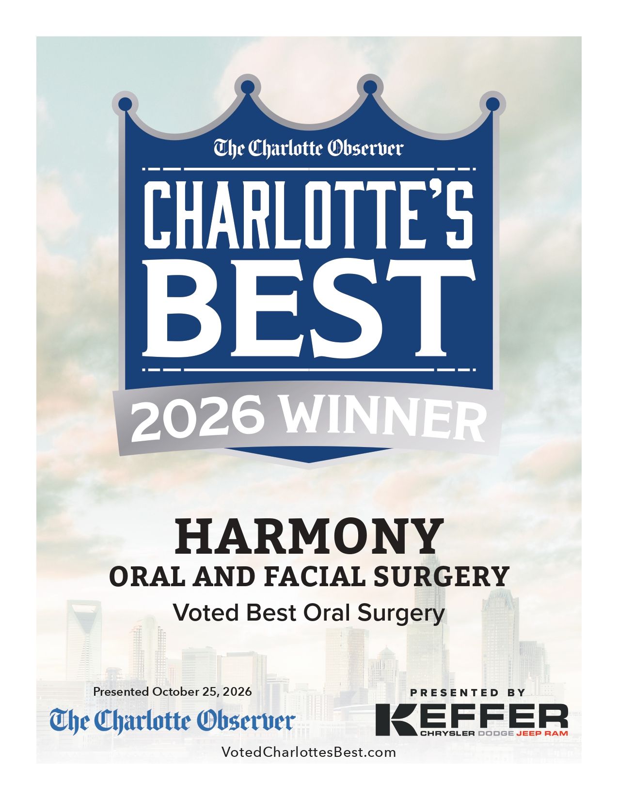 Charlotte's Best 2026 award certificate for Harmony Oral and Facial Surgery